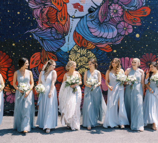 bridesmaid portrait ideas with mural, historic downtown york, the bond, bridal party portraits